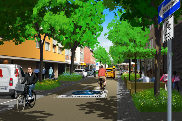 Visualisierung einer grünen, fahrradfreundlichen Heckstraße der Zukunft mit Bäumen, Radfahrern, Fußgängern und Sitzbereichen im Stadtteil Werden.